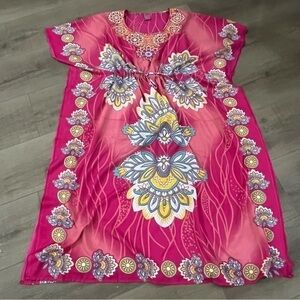 California Vibrant Pink Kaftan Tunic Gold Bling Colorful Waist Tie Women OneSize
